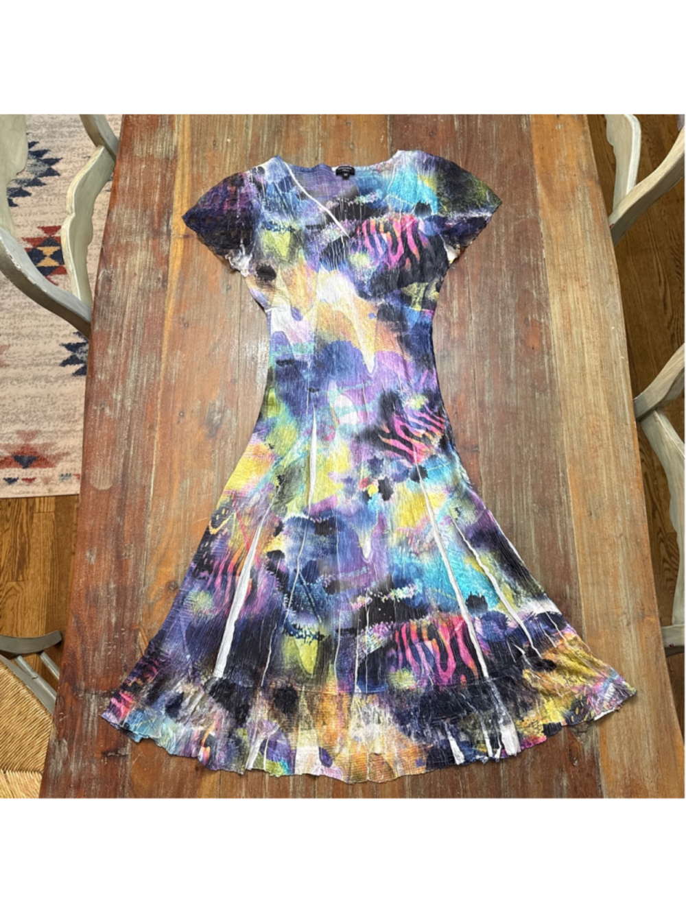 Komarov Dress Medium Multicolor Pleated Crinkle Chiffon Lace Cap Sleeve Midi